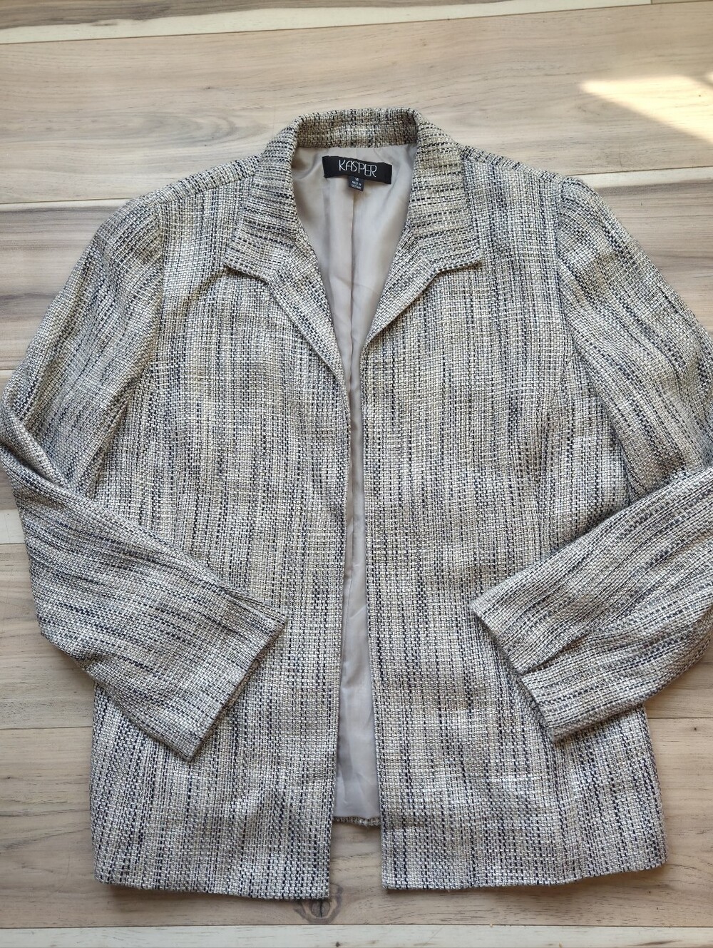 Kasper Women's Tweed Blazer Jacket Size 14 Neutral Gray Open Front Career Workwe